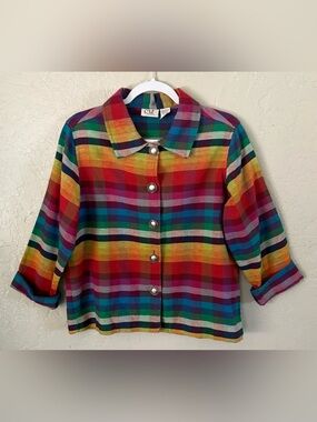 CXT Classics Rainbow Plaid Women’s Button Down Shirt Jacket Size MP Boho Artsy